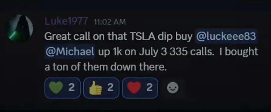 Discord message from Luke1977 about a TSLA dip buy call