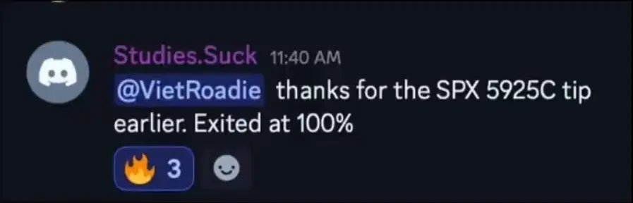 Discord message from Studies.Suck thanking VietRoadie for an SPX call idea