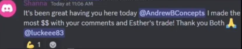 Discord message thanking Andrew and Esther after a good trading day