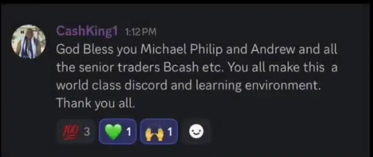 Discord message from CashKing1 calling it a world class Discord and learning environment