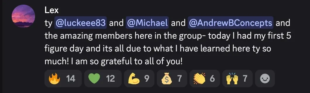 Discord message: a member thanks Esther, Michael and Andrew after their first five-figure day