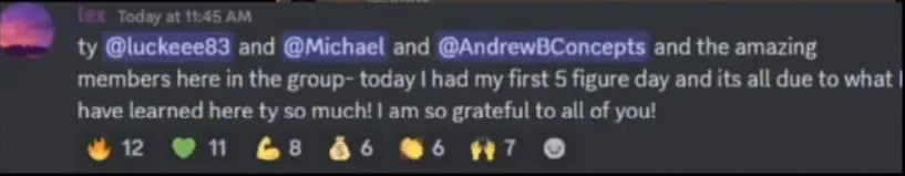 Discord message: a member thanks Esther, Michael and Andrew after their first five-figure day